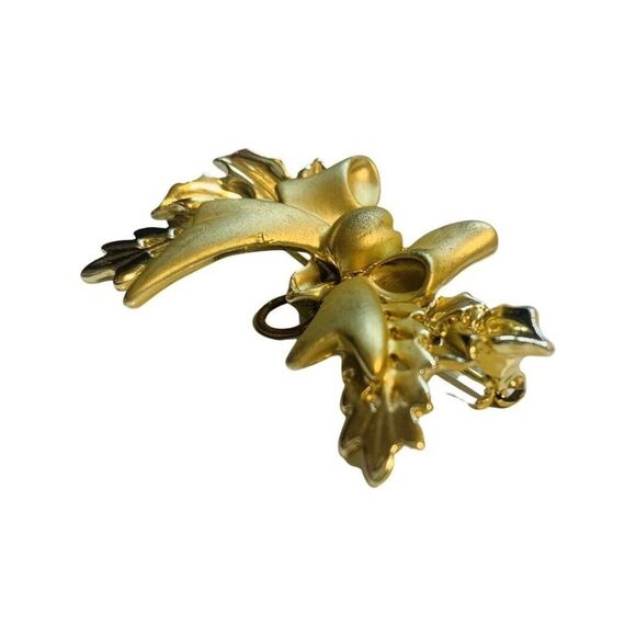 Vintage Gold Tone Christmas Bow Holiday Pendant Brooch Pin.  2in - Picture 2 of 6